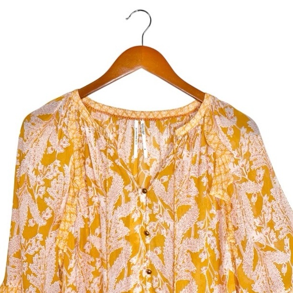 Anthropologie Mia Tiered 3/4 Sleeve Button Front Yellow Floral Ruffled Tunic Top - Picture 6 of 9